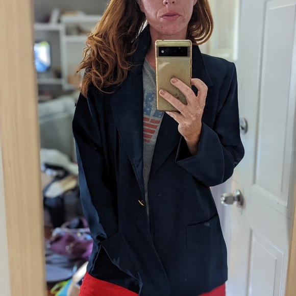 VTG BLAIR Navy Blue Oversized Blazer One Button Blazer Gold Accent 16 - Picture 2 of 8